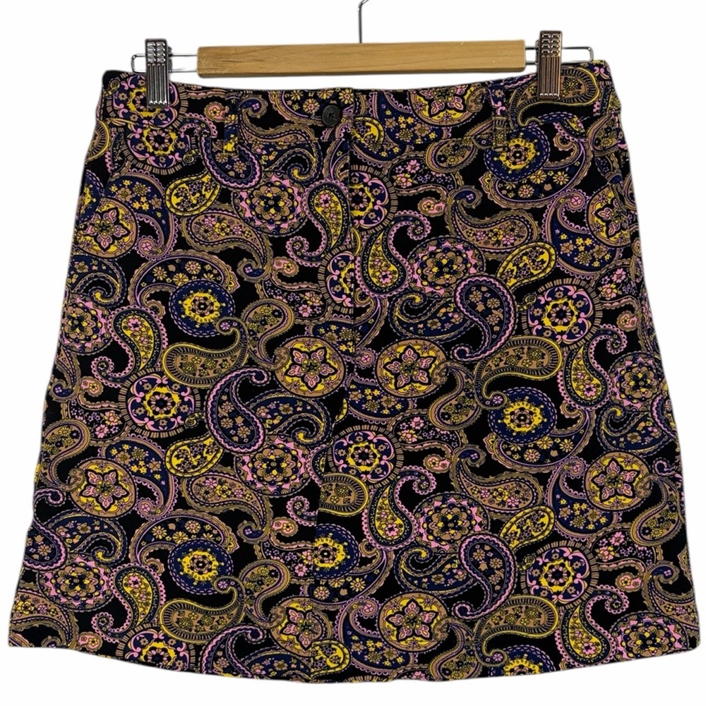 ModCloth Paisley A-Line Skirt Size 12 Black Purple Yellow Retro